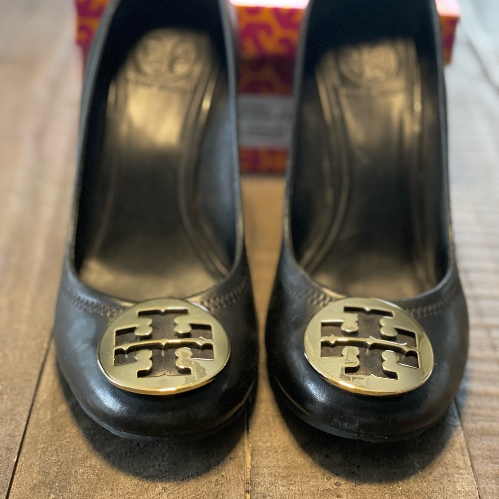 Tory Burch Black and Gold Heels with Signature Medallion